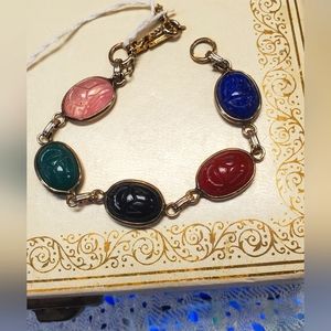 Vintage CORO Carved Scarab Gold Tone Link Bracelet